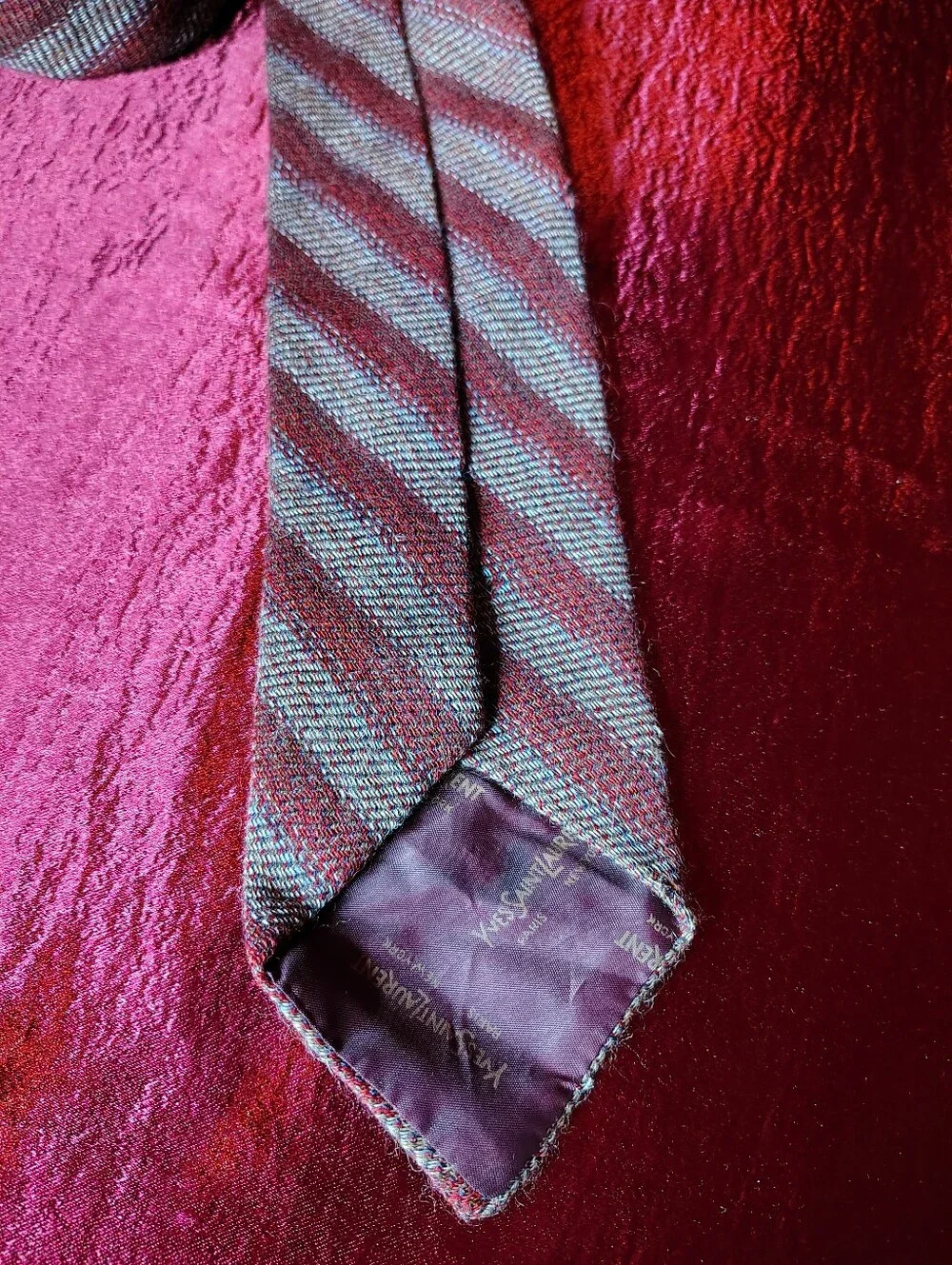 Vintage 80s Yves Saint Laurent Wool Burgundy Gray Diagonal Stripe 3.25